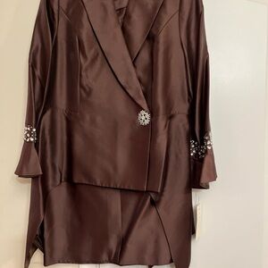 Ina Brown Satin Blazer with Asymmetrical Design and Embellished Cuffs